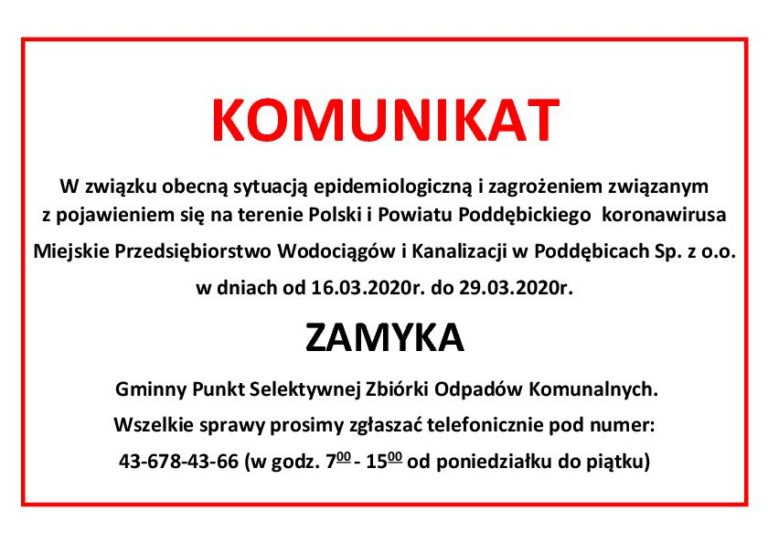 Komunikat Miejskiego Przedsiębiorstwa Wodociągów i Kanalizacji w Poddębicach Sp. z o.o.